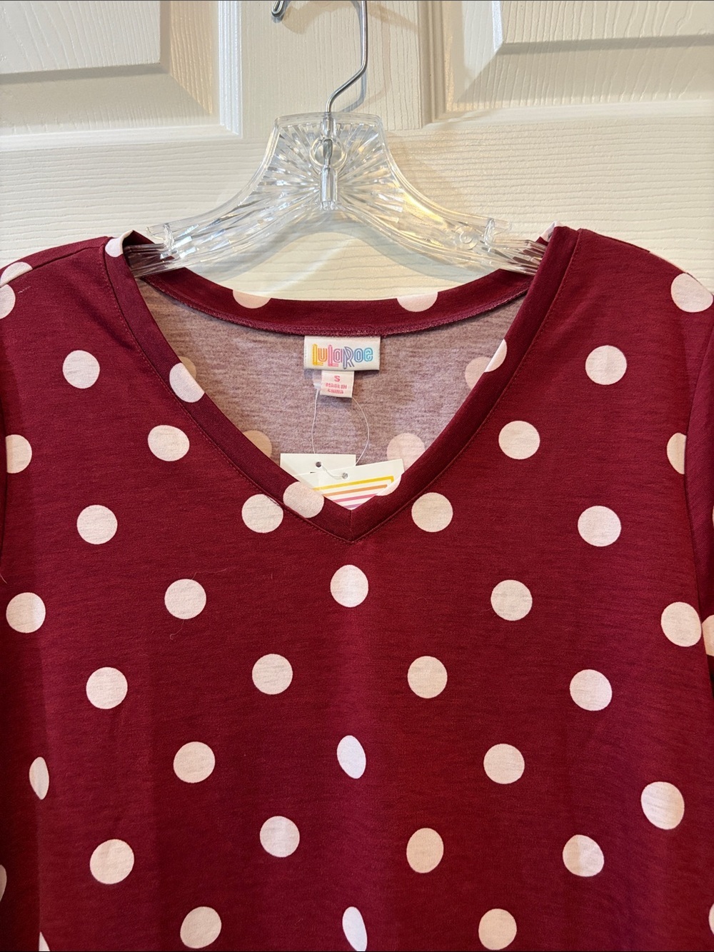LuLaRoe Emily Style Burgundy with White Polka Dots V-Neck Swing Dress NWT - Picture 6 of 7